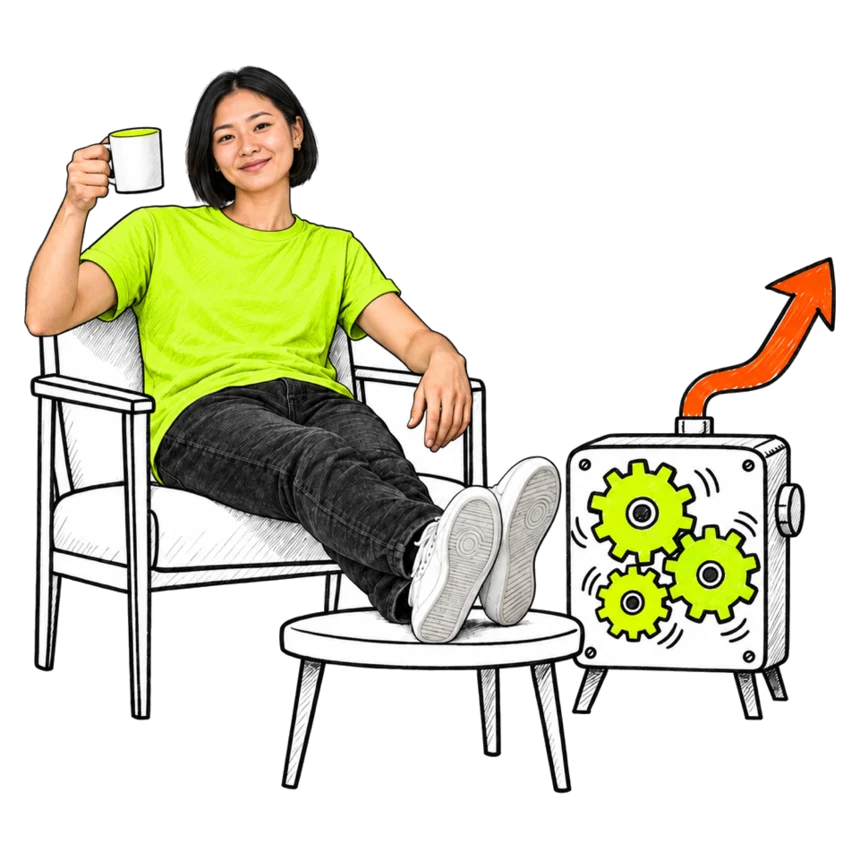 A founder with her feet up and a coffee while the business runs on its own