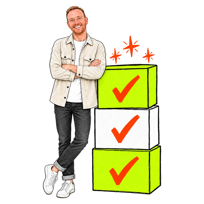 Jordan leaning on three ticked boxes, one for each business he has sold