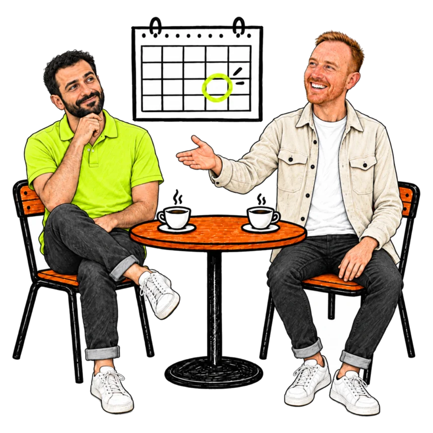 Jordan and a founder talking over coffee