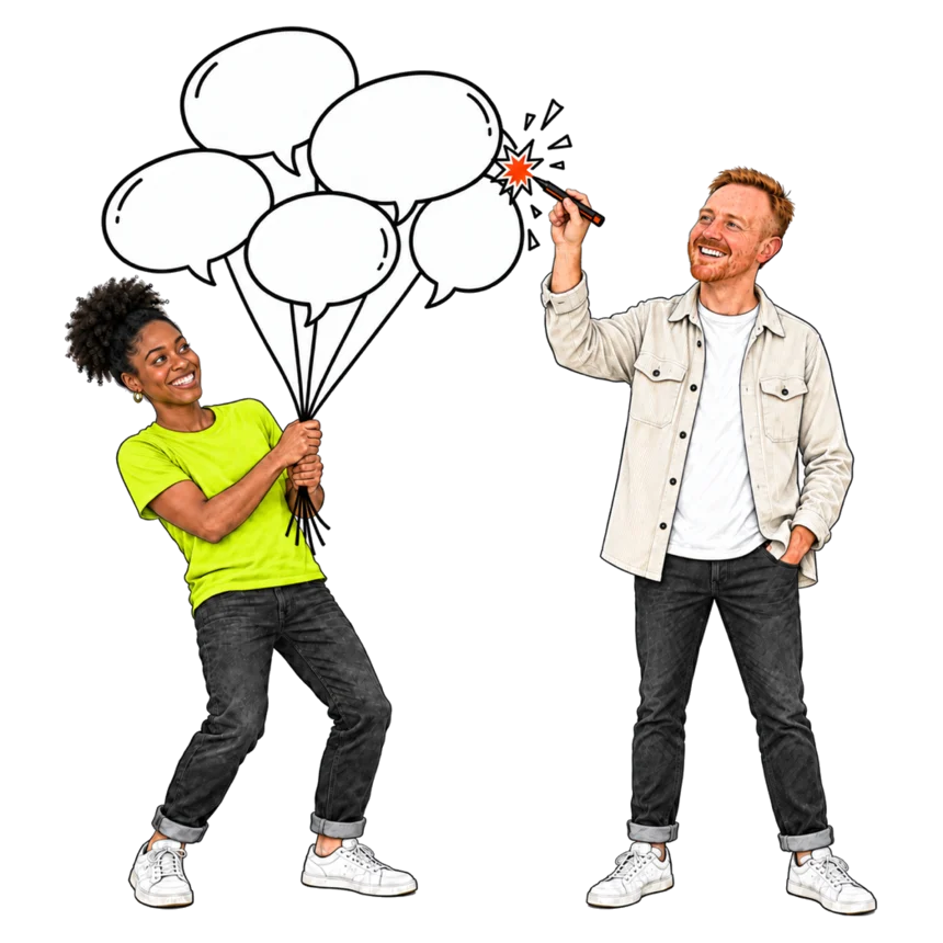 Jordan and a founder surrounded by floating question marks